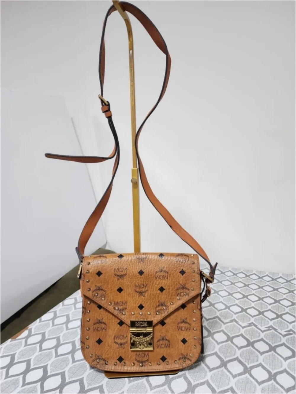 Authentic MCM Patricia Stud Trim Visetos Small Shoulder/ Crossbody Bag Brown